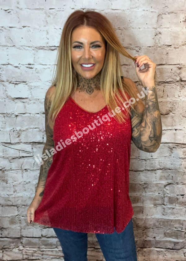 Red sparkly vest sales top