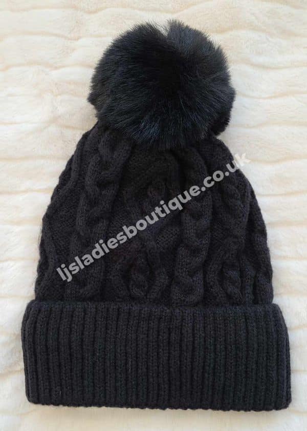 Black Cable Knit Bobble Hat LJ's Ladies Boutique