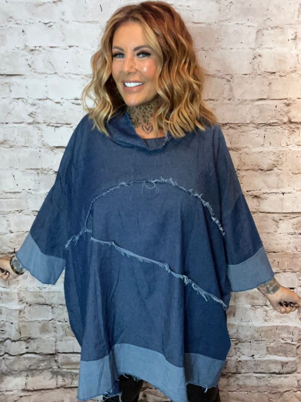 Denim Frayed Cowl Neck Tunic Best Fits 16-24 * Restocked *