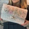 561-Pink Tweed Checks Handbag with Jewelled & Floral 3d design Detail *Restocked*