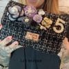 562-Black with hint of lilac Tweed Checks Handbag with Jewelled & Floral 3d design Detail *Restocked*