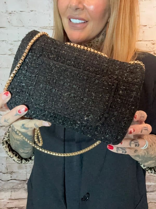 565-Black inspired Tweed Checks Handbag with Jewelled & Floral 3d design Detail - Image 2