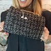 562-Black with hint of lilac Tweed Checks Handbag with Jewelled & Floral 3d design Detail *Restocked* - Image 2