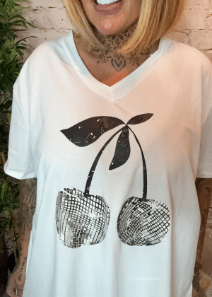 Santina cherries V-neck t-shirt best fits 16-24