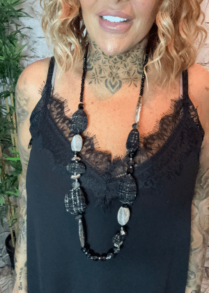 698 Black and silver tartan beaded necklace