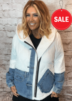 Huxley Mixed denim quilted Hooded Jacket best fits 12-18 No returns on sale items