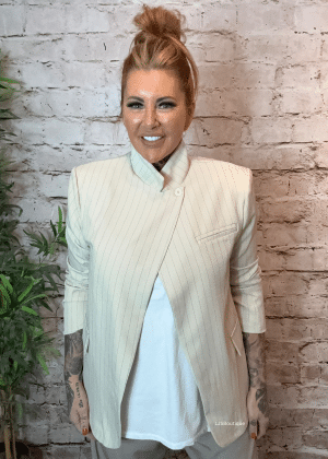 Kara Pinstripe funnel neck blazer best fits 8-18